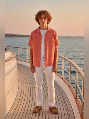 Paul Fredrick SZ L Preppy Classic Coral Short Sleeve Linen Collared Spring Shirt